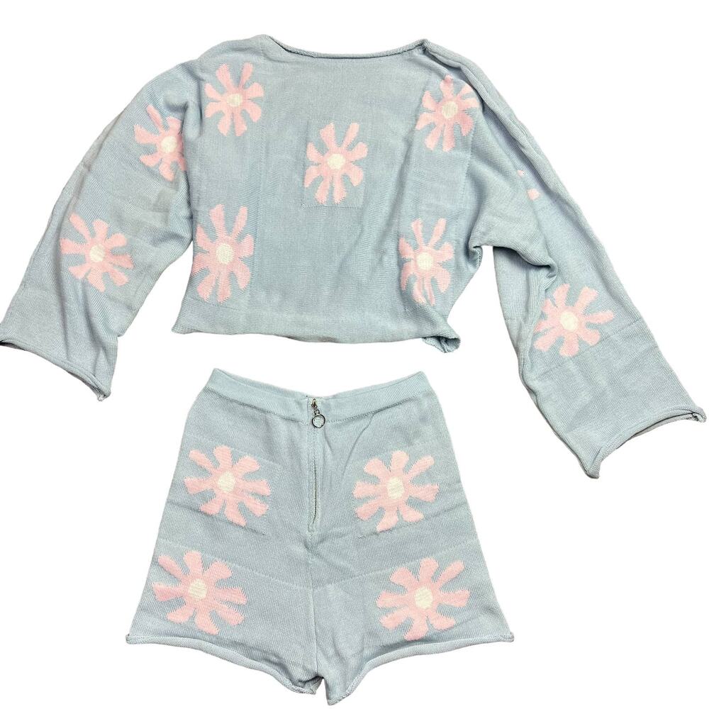 Yotong Women 2 Piece Off Shoulder Floral Knit Sweater Top Zip Knit Shorts Large